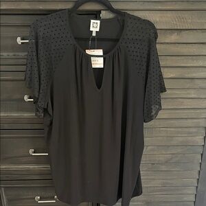 Anne Klein Black Blouse with Sheer Polka Dot Sleeves